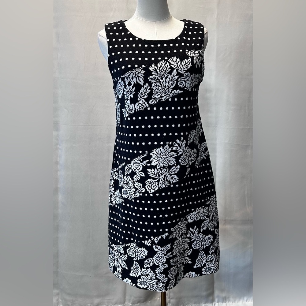 Maeve Effemy Jacquard Black & White Floral & Polka Dot Sheath Midi Dress Sz M